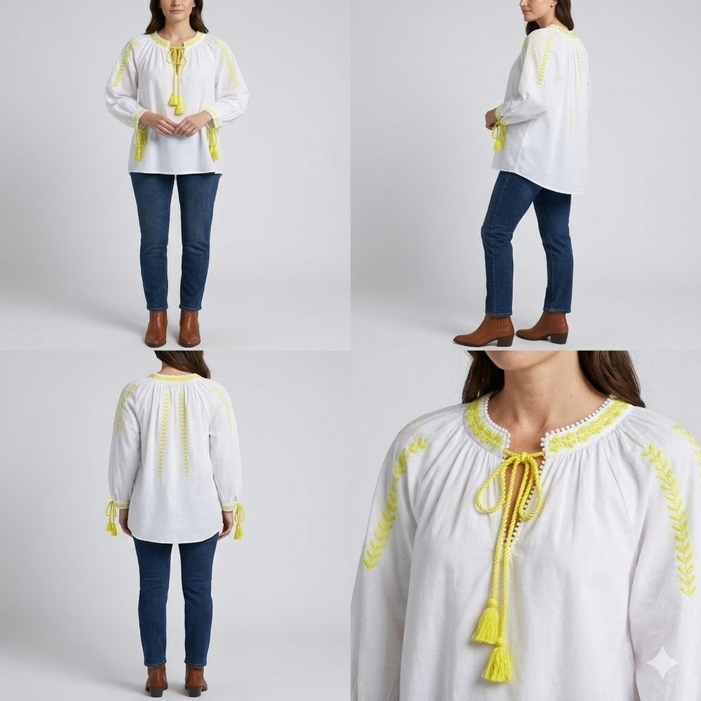 Zara Trafaluc Bohemian Blouse Top Womens XS White Classic Neon Yellow Detailing